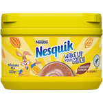 Nestle Nesquik chocolate powder for drinks, featuring a colorful container with a smiling bunny mascot and chocolate powder inside.