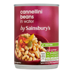Sainsbury's Cannellini Beans in water, canned grocery product showing white beans in a can with label and brand logo.