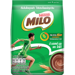 Nestle Milo Activ-Go chocolate malt powder drink in a glass, showcasing the rich, frothy beverage with chocolate and malt flavors.