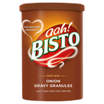 Bisto Onion Gravy Granules in a jar, used for making flavorful onion gravy, popular in grocery and cooking.