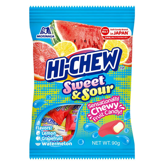 MORINAGA Hi-Chew Sweet & Sour Candy 90g package with colorful chewy candies on a white background.