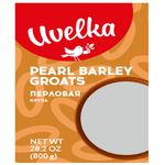 Uvelka Pearl Barley in a grocery package, showing a clear view of the Uvelka brand label and the light-colored pearl barley grains