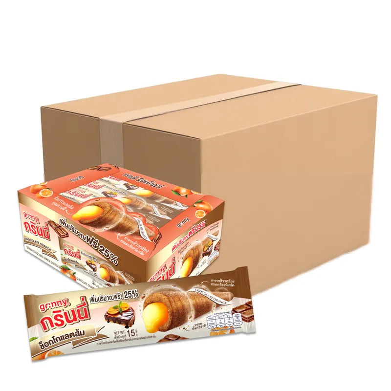 Chocolate-coated snack filled with orange cream from GRINNY, 15g box, 12 pieces, shown in a close-up image.