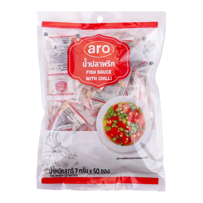 Aro Fish Sauce mini packs, 7g each, in 50-pack box, dry grocery product with individual sachets shown in the image.