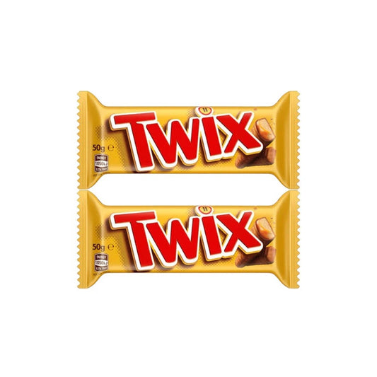 Twix Double Bar 50g chocolate snack with caramel and cookie layers, wrapped in gold foil, ready to enjoy.