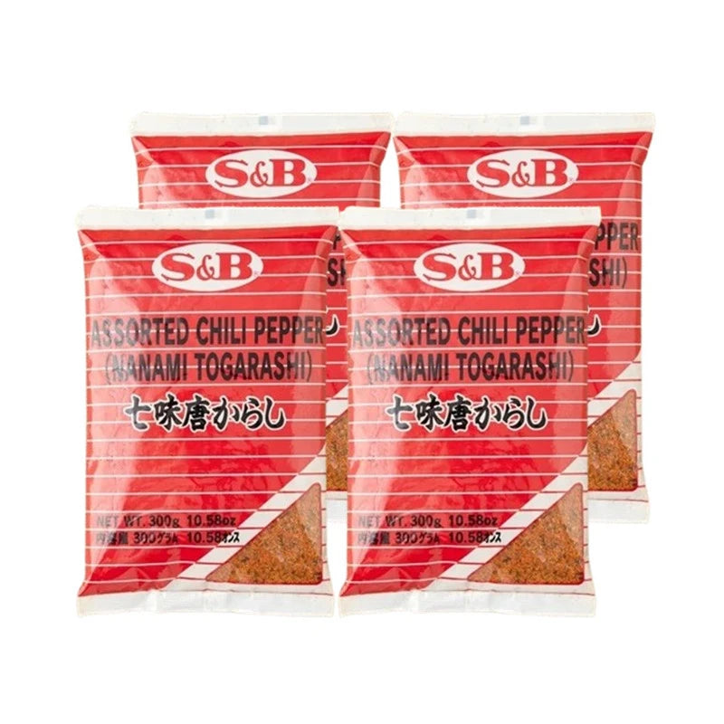 S & B Marco Polo Shichimi Togarashi Japanese chili pepper powder in four 300g bags, showcasing colorful spice blend and packaging