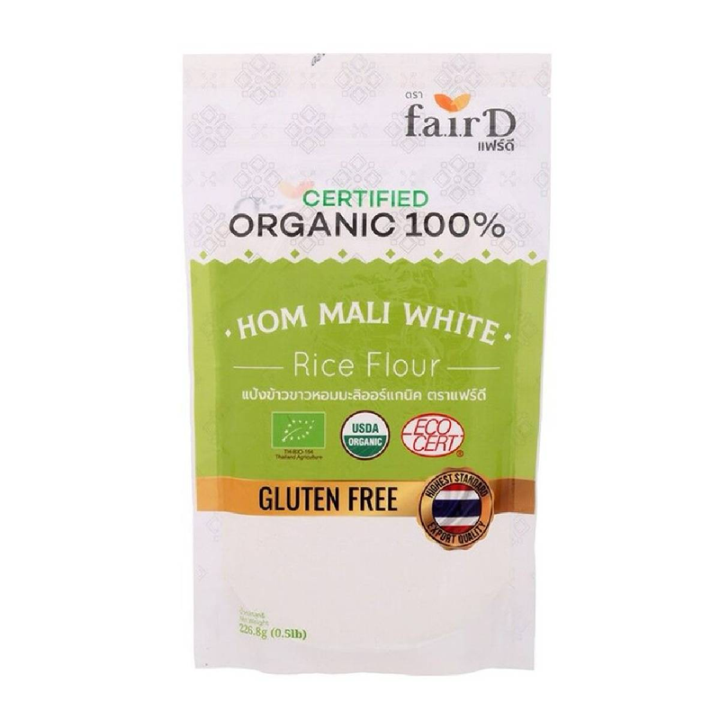Fair D Organic Hom Mali White Rice Flour in a clear package, showcasing the fine white rice flour for healthy cooking and baking.