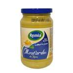 Jar of REMIA Mustard in 370g size, showing the bright yellow condiment with a label on the dry grocery shelf.