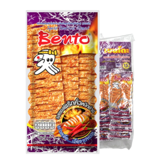 BENTO Spicy Grilled Squid Seafood Snack 4g packet, crispy and flavorful grilled squid snack in a colorful packaging.