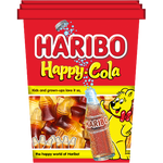 Haribo Happy Cola confectionery snacks featuring colorful cola-shaped gummy candies in bright packaging