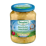 Develey Sour Cabbage in a glass bottle, 680g, dry grocery product with shredded fermented cabbage visible inside