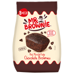 Fudgy Mr.Brownie chocolate brownies, soft and moist confectionery snacks with rich chocolate flavor, shown on a white background.