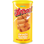 Crunchy Squidy Crispy Squid snack in a clear package, showing golden fried squid pieces perfect for savory confectionery treats.