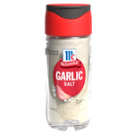 Jar of McCormick garlic salt with labeled lid and clear packaging, showing the seasoning inside.