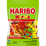 Colorful Haribo Worms confectionery snacks in various fruit flavors, showing a close-up of the gummy worms.