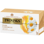 Cup of Twinings Camomile tea in a clear glass mug, showcasing the herbal drink with chamomile flowers and a light golden color.