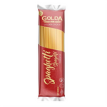 Golden Golda Spaghetti pasta in a clear package, ready for cooking, showcasing long, thin pasta strands from the Golda grocery brand.