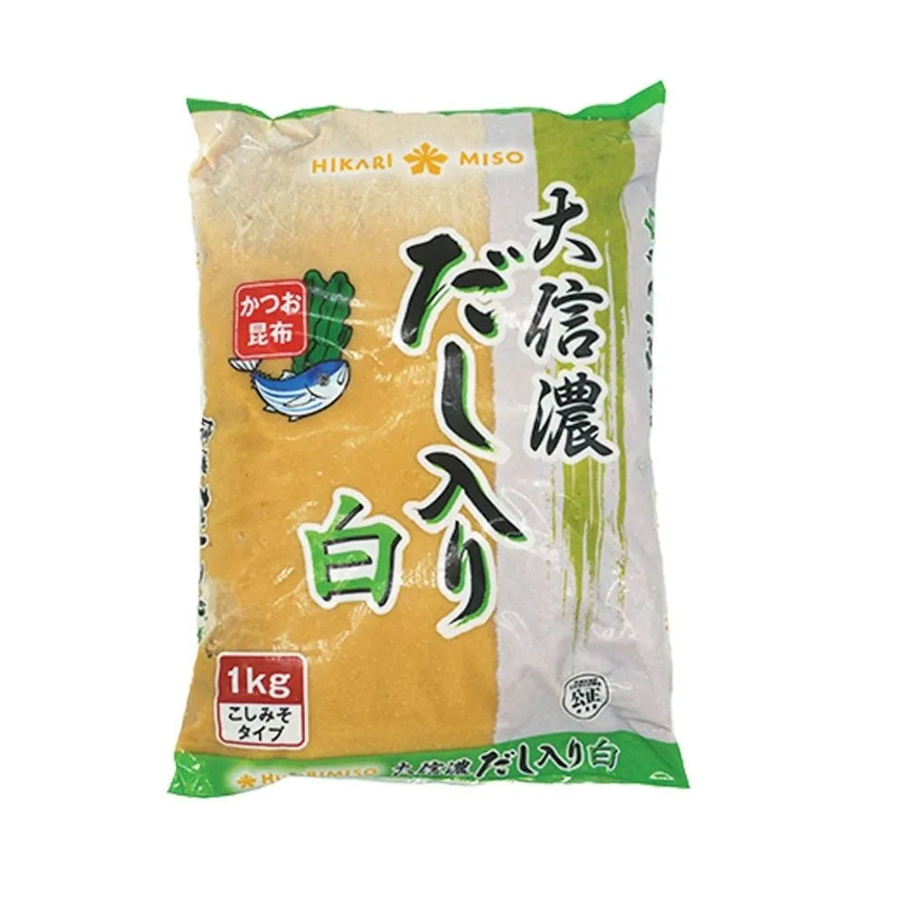 Frozen 1kg package of DAISHINANO SHIRO Miso, a white Japanese fermented soybean paste in a sealed bag.