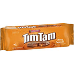 Arnott's Tim Tam Chewy Caramel confectionery snack with chocolate coating and caramel filling, displayed on a white surface.
