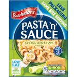 Batchelors Pasta Sauce Cheese Leek & Ham flavor in a jar, showcasing the creamy sauce with visible cheese, leek, and ham pieces.