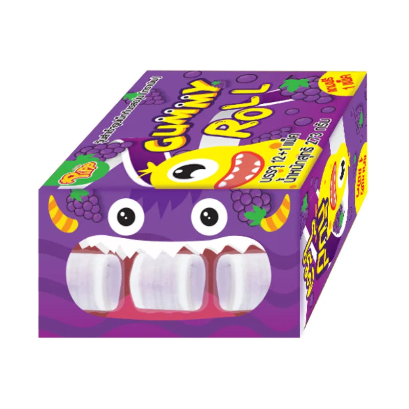 Pipp Gummy Roll Grape flavor 21g, 12-piece pack showing colorful, grape-flavored gummy candies in a clear wrapper.