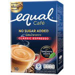 Equal Classic Espresso instant coffee mix powder in a glass cup, showcasing rich, dark coffee with a smooth crema.