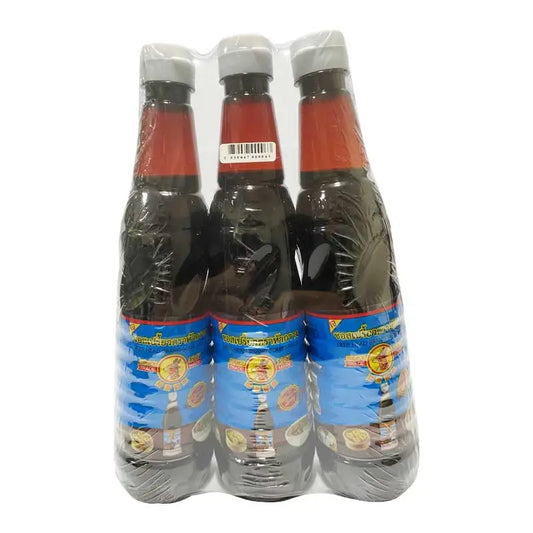 Deer Head Sour Sauce 600 mL bottles, three-pack, showing the clear bottles with red and white label and sauce inside.