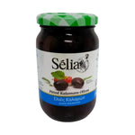 Kalamata Black Pitted Olives in a 170g jar, showcasing large, glossy black olives from Kalamata brand.