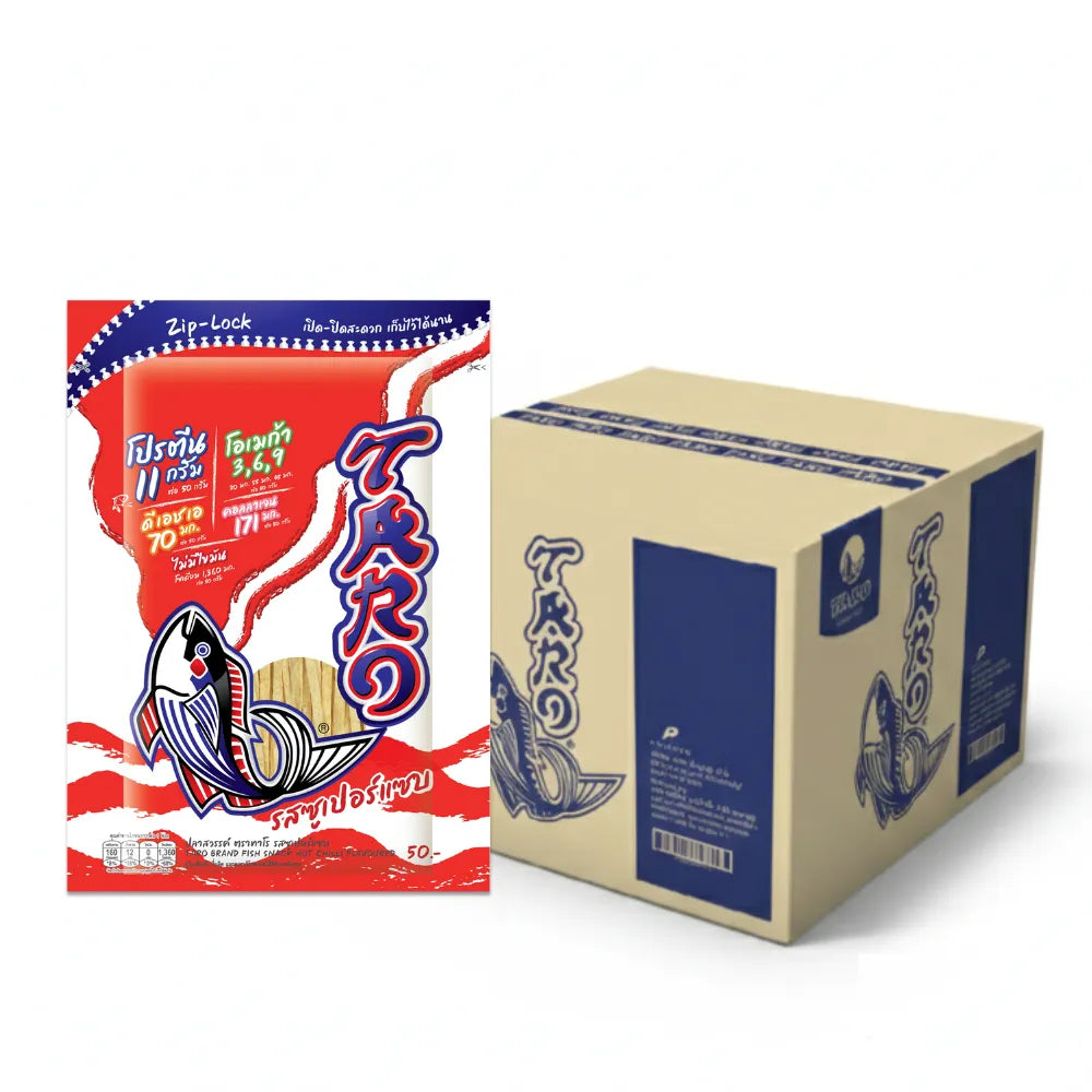 TARO Fish Snack Hot Chilli Flavored 30g, showing crispy fish snacks with spicy chili seasoning in a bright package.