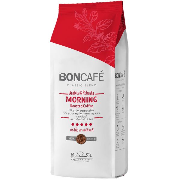 Boncafe Morning Coffee drink in a clear glass, showcasing a rich, dark coffee with a smooth surface and light crema on top.