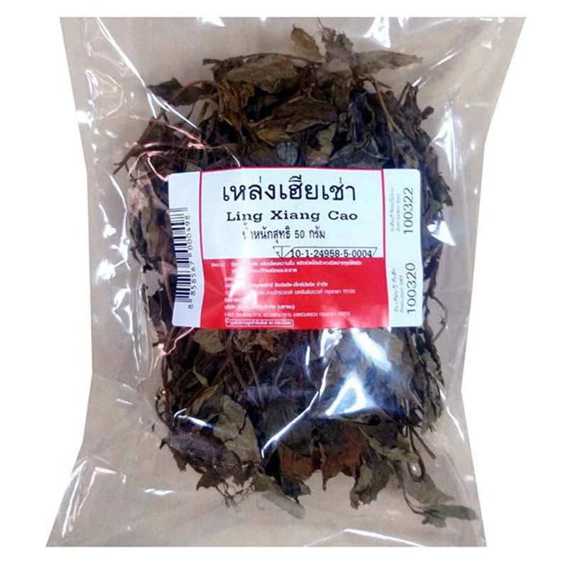 MAKRO Ling Xiang Cao 50g, dried herbal supplement in a clear jar with label, ready for traditional Chinese medicine use.
