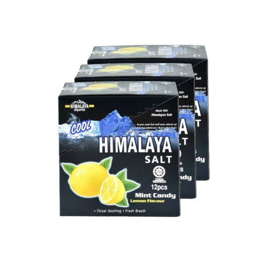 HIMALAYA Mint Candy with Himalayan Salt and Lemon flavor in a 12-sachet pack, featuring three boxes and one free sachet.