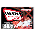 Dentyne Ice Sugar Free Cherry chewing gum pack, featuring bright red packaging and cherry-flavored gum pieces inside.