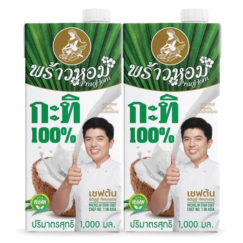 PRAOHOM Coconut Milk 1L carton, two bottles, smooth creamy texture, ideal for cooking and baking