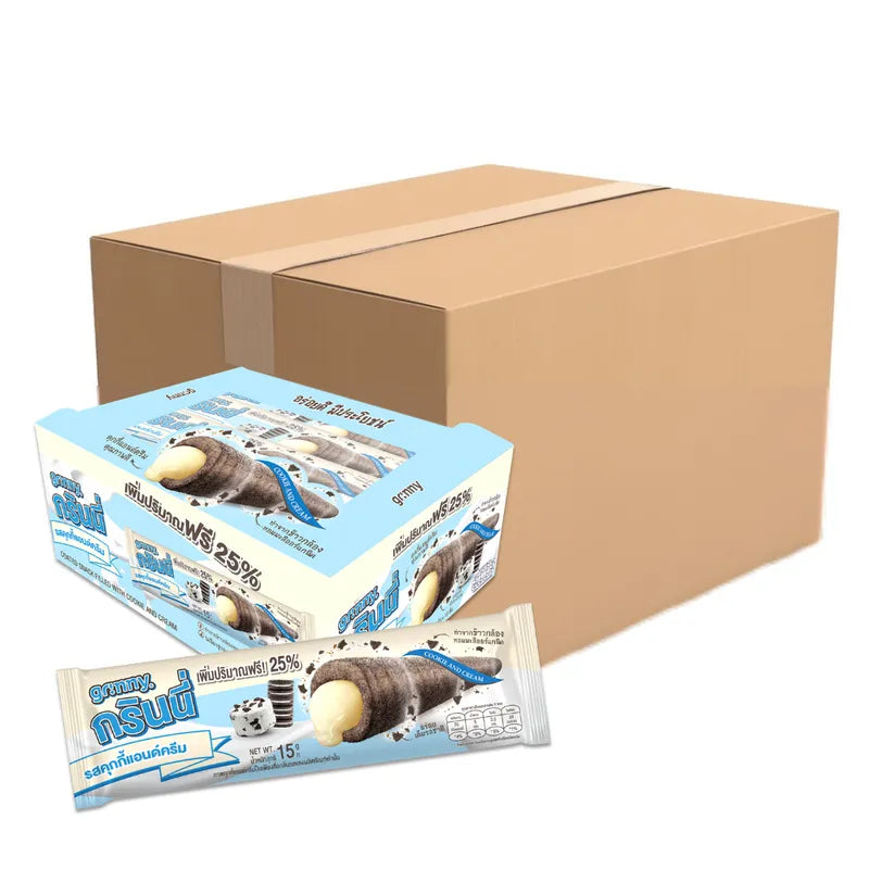Grinny Cookie and Cream coated snack boxes with 12 packs of 15g each, featuring cookie and cream filling.