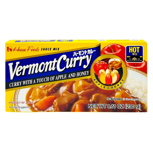 HOUSE Vermont Curry Hot 230g box showing the colorful curry sauce and vegetable ingredients in a bowl.