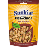 Sunkist Salt & Black Pepper Pistachios in a clear bowl, showcasing salted and peppered roasted pistachio nuts as confectionery snacks.