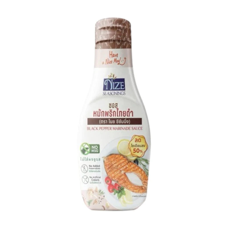 NIZE Clean Black Pepper Sauce and Dip with reduced sodium and no MSG, featuring a dark, flavorful sauce in a glass jar.