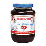 Mae Pranom Thai Chili Paste jar with red chili peppers and garlic, showcasing the authentic Thai grocery product.
