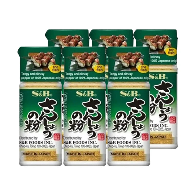 S & B Japanese pepper powder bottles for grilled unagi, yakitori, and teriyaki fish, 8g bottles, six-pack.
