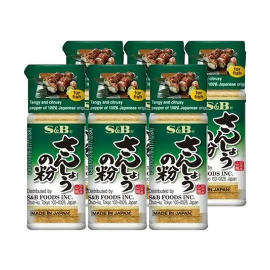 S & B Japanese pepper powder bottles for grilled unagi, yakitori, and teriyaki fish, 8g bottles, six-pack.