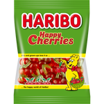 Haribo Happy Cherries Jelly confectionery snacks in colorful cherry-shaped gummies in a clear bag.