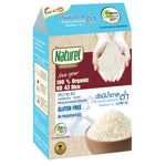 Organic Natural Rd 43 rice in a clear plastic bag, showing the white rice grains inside.