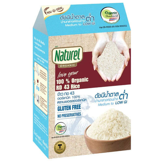 Organic Natural Rd 43 rice in a clear plastic bag, showing the white rice grains inside.