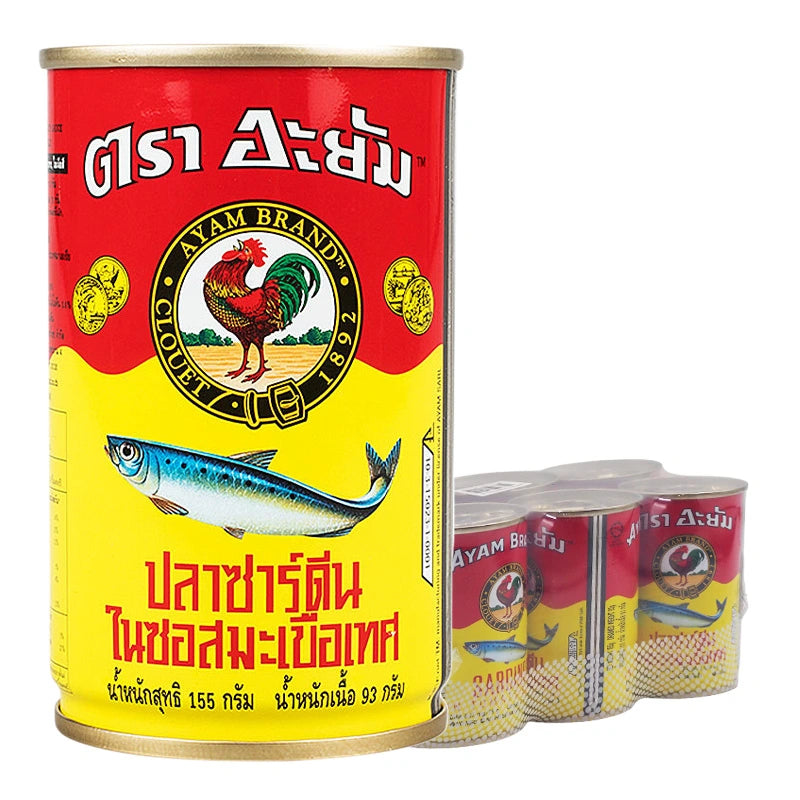 Canned Ayam sardines in tomato sauce, 155g, stacked six-pack, ready for cooking or meal preparation.