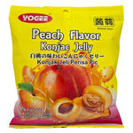 Yogee Peach Flavor Jelly confectionery snack in a clear container, showing vibrant peach-flavored jelly pieces.