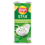 Lay's Stax Sour Cream & Onion snack container showing ridged potato crisps in a clear plastic tub.