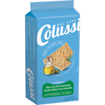 Pan Colussi Olive Oil and Rosemary Crackers, confectionery snacks with crispy texture and herbal flavor, shown in a close-up image.