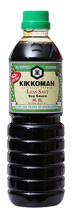 Bottle of Kikkoman Milder Soy Sauce, a dark soy sauce in a clear glass bottle with a red cap, used for cooking and seasoning.