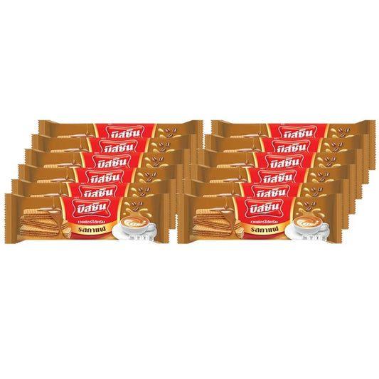 BISSIN Coffee Flavored Wafer 24g pack of 12 sachets, showing individually wrapped coffee-flavored wafer biscuits.